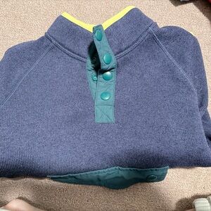 L.L. Bean Navy Crewneck Sweater with Teal Snap Placket and Yellow Trim
